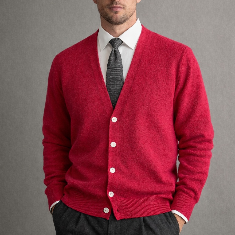 Lands End Men’s Alpaca Wool Cardigan Size M Magenta V-Neck Button Up Preppy Bold
